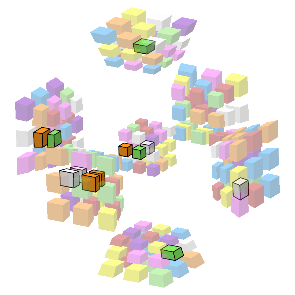 4D Rubik's cube, scrambled, with all pieces partially-transparent except for a handful that are clearly visible