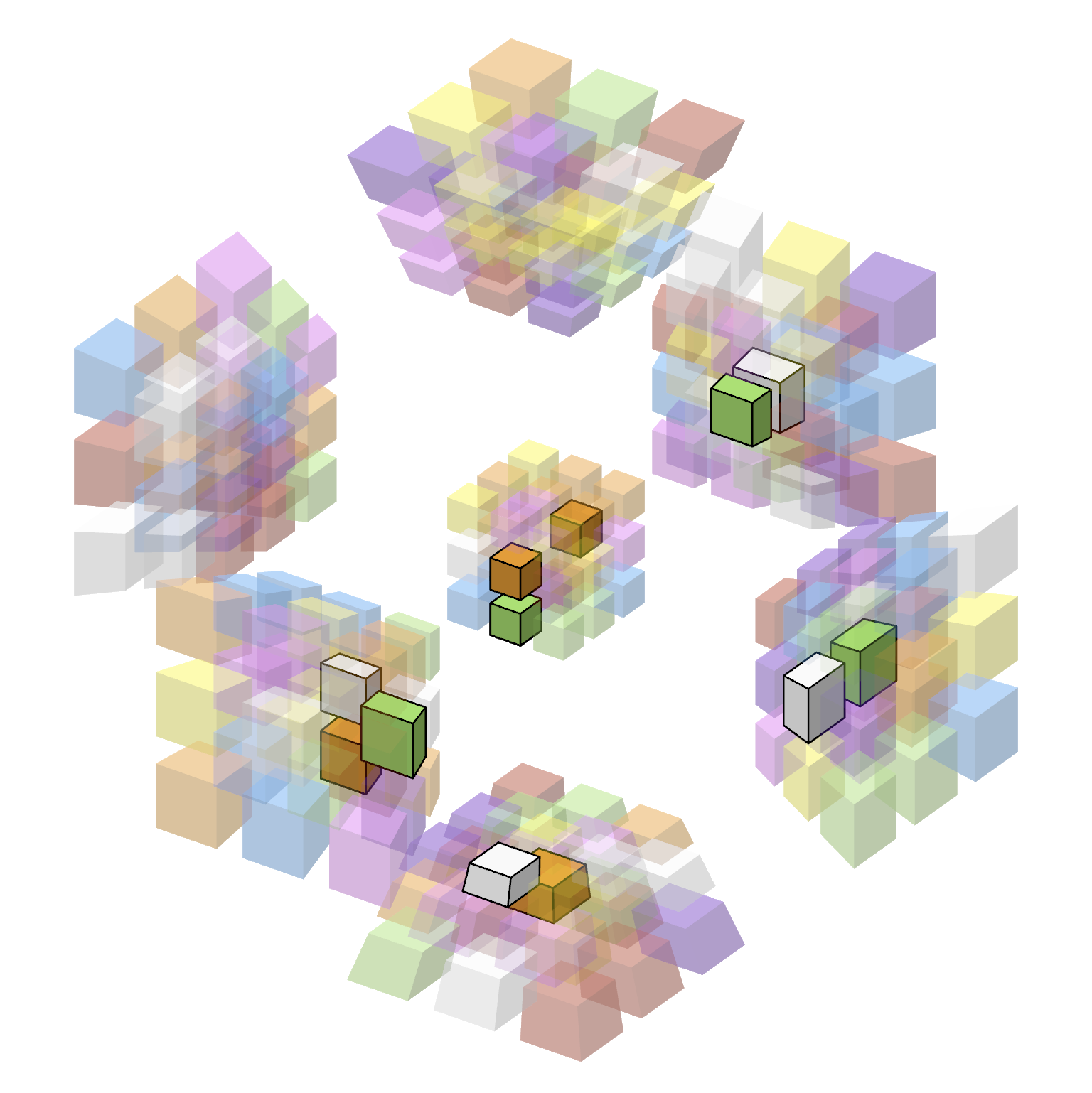 4D Rubik's cube, scrambled, with all pieces partially-transparent except for a handful that are clearly visible