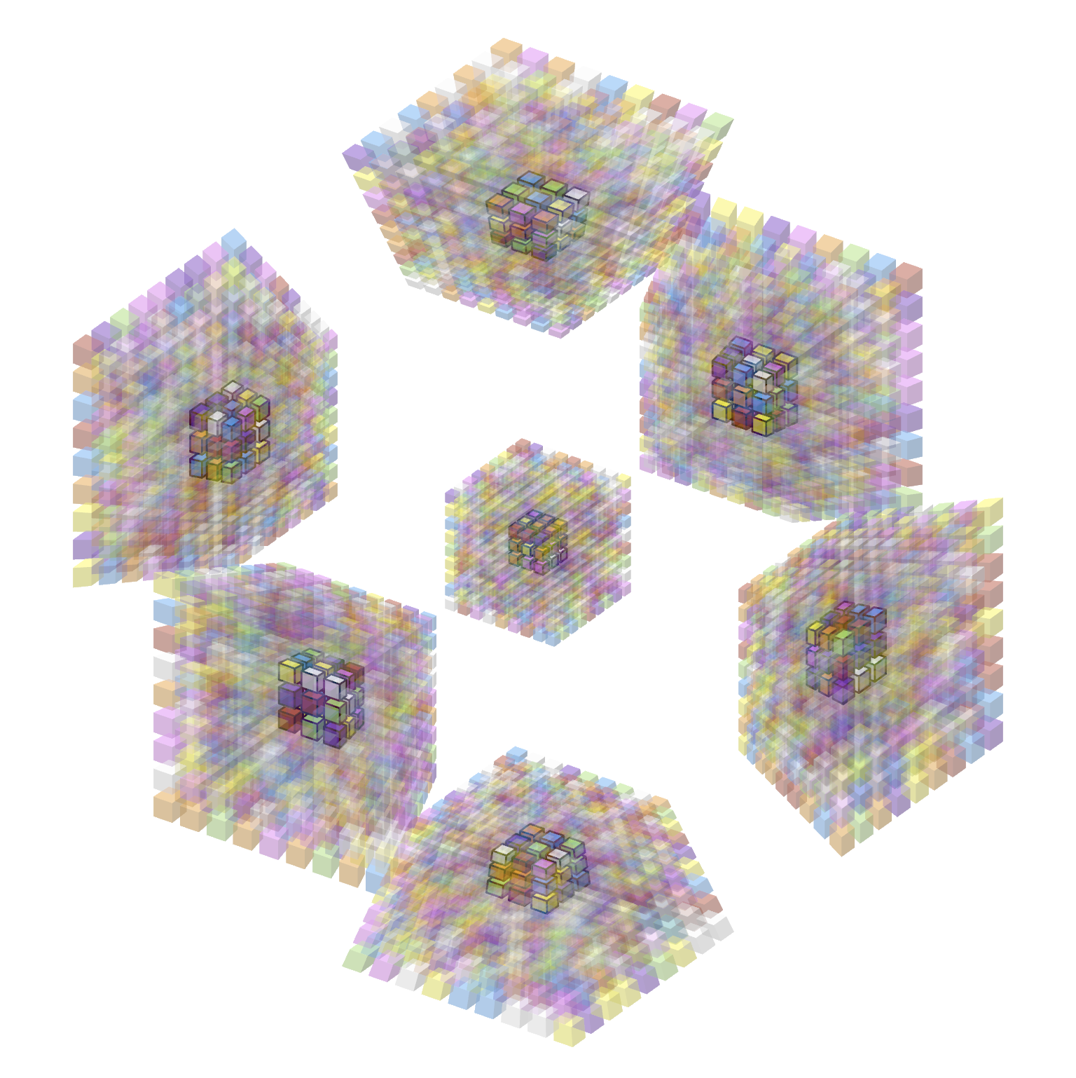 4D 9x9x9x9 Rubik's cube, scrambled, with all pieces partially-transparent except for the 3x3x3 center of each cell, which is visible but hazy through the fog of transparent pieces