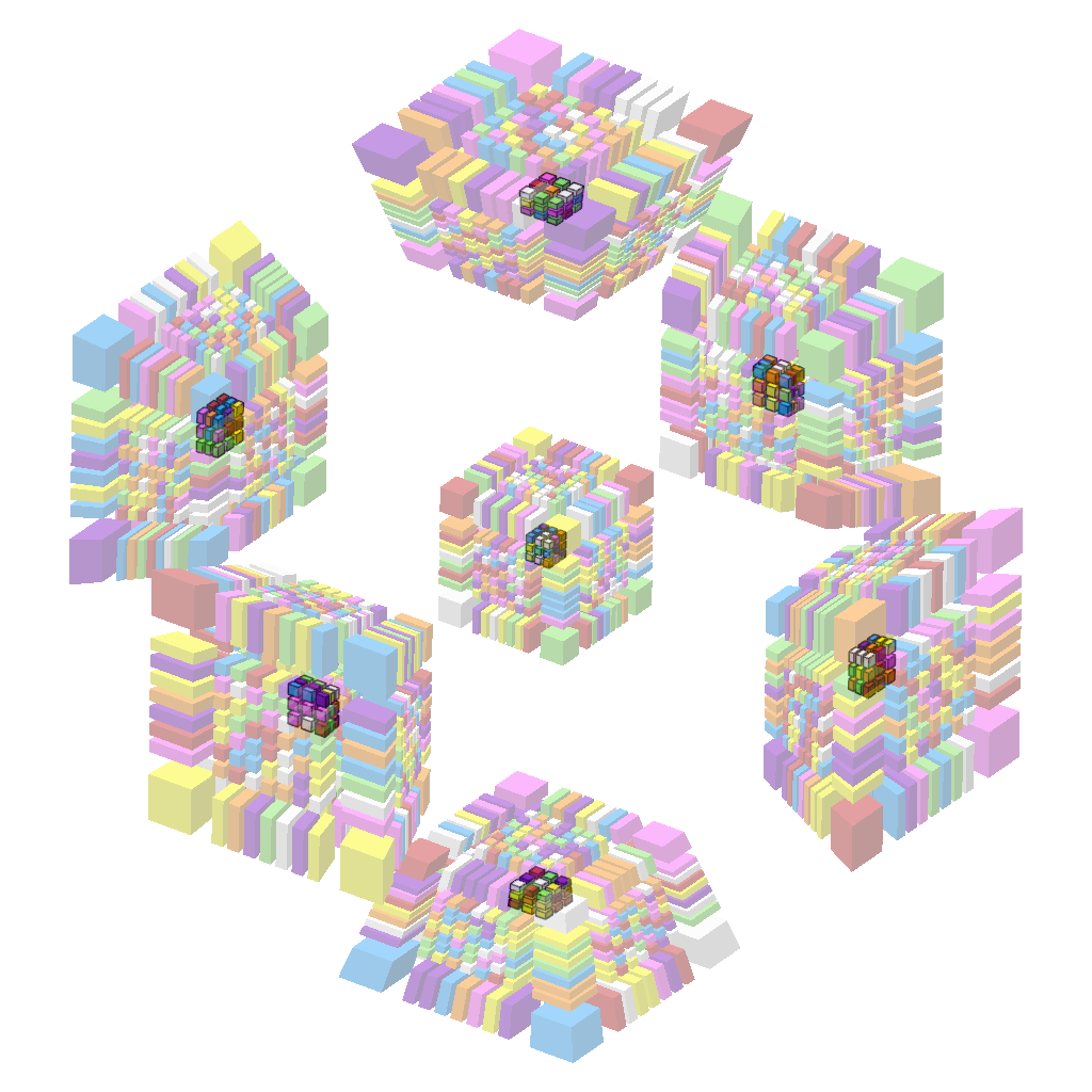 4D 5x5x5x5 Rubik's cube, scrambled, with all pieces invisible except for green center pieces, which are opaque
