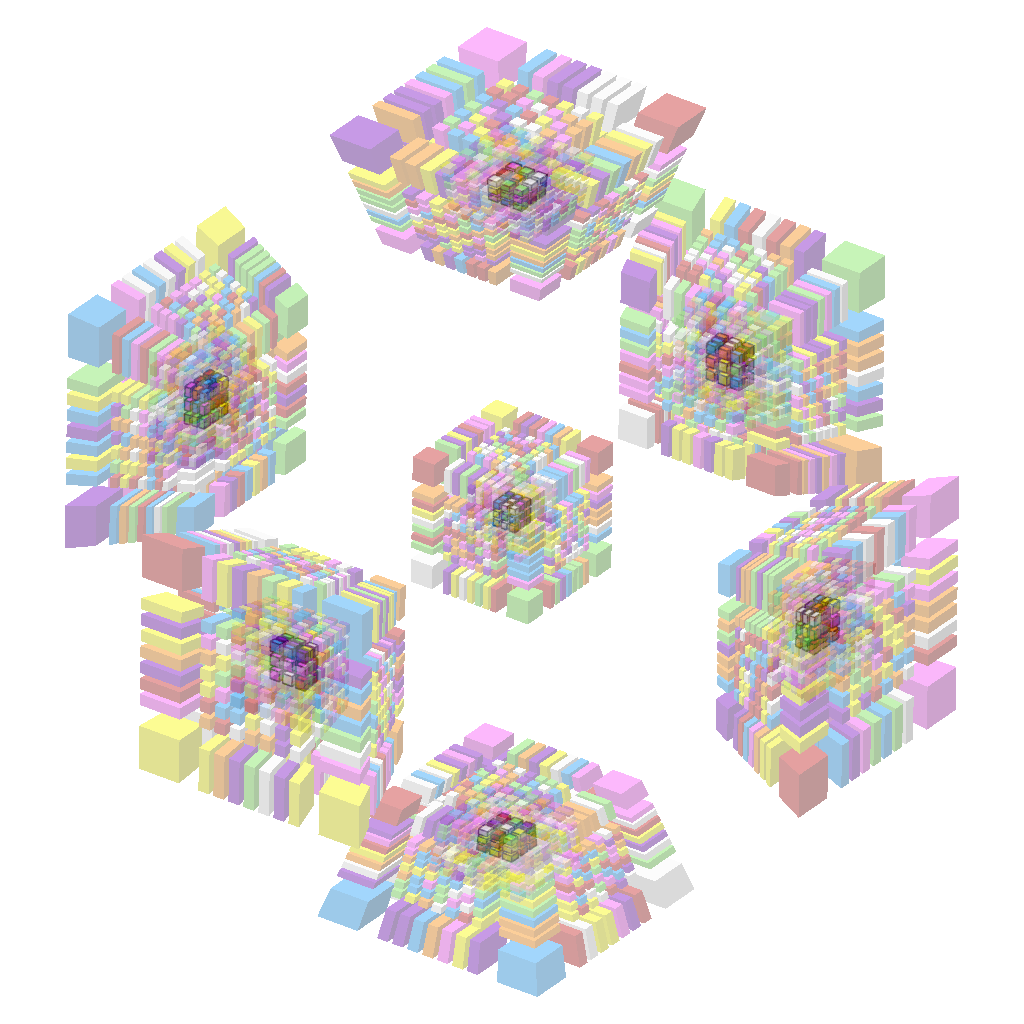 4D 5x5x5x5 Rubik's cube, scrambled, with all pieces partially transparent except for the 3x3x3 center of each cell, which is visible but hazy through the fog of transparent pieces