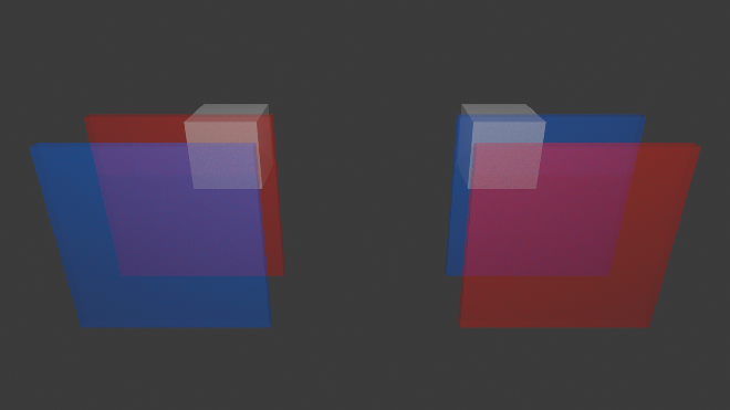 On the left: a blue transparent sheet in front of a red transparent sheet in front of a white cube. On the right: a red transparent sheet in front of a blue transparent sheet in front of a white cube.