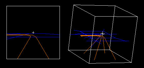 Left: 3D-to-2D perspective projection of orange rails leading into the distance, then turning left. Right: 4D-to-3D perspective projection of orange rails leading into the distance, then turning left.