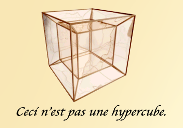 Projection of a hypercube, overlaid on a parchment background, with the caption "Ceci n'est pas une hypercube." Hypercube image (inverted) by Jason Hise, Public Domain via Wikipedia. I hereby publish this image is the Public Domain.